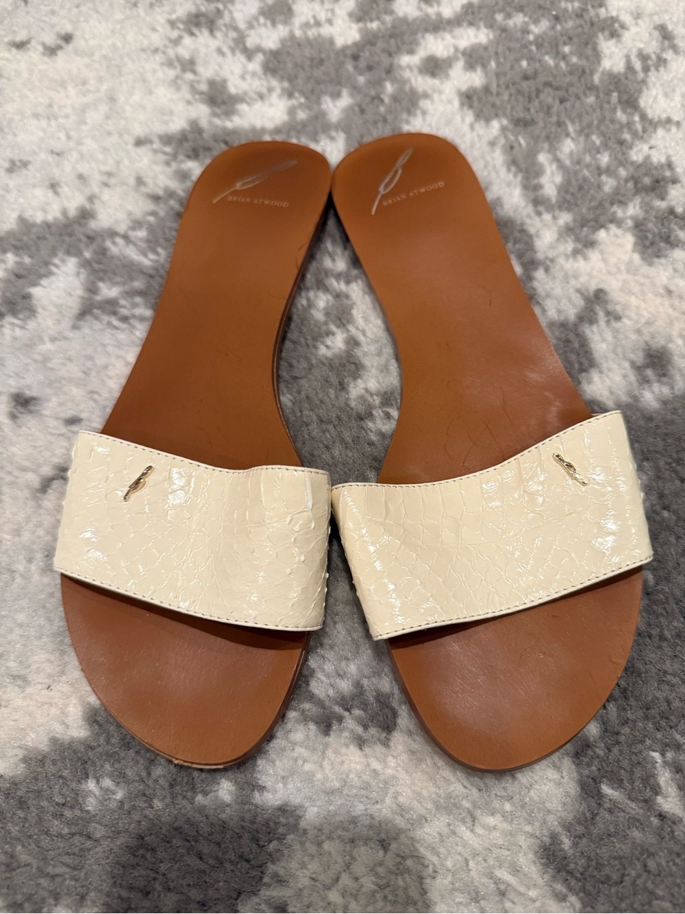 Brian Atwood Cream Slide Sandals with Brown Footbed